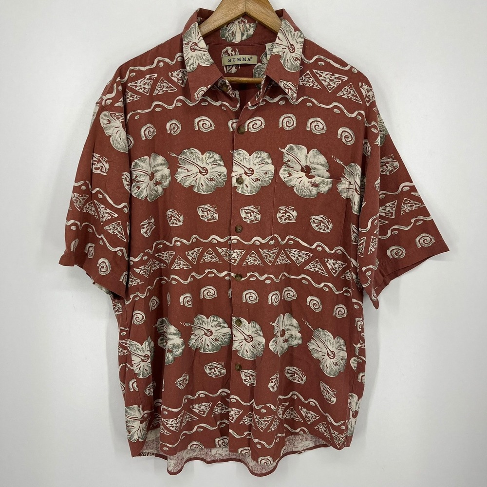 Summa Mens Red Silk Hawaiian Hibiscus Tribal Print Button Up Shirt Large